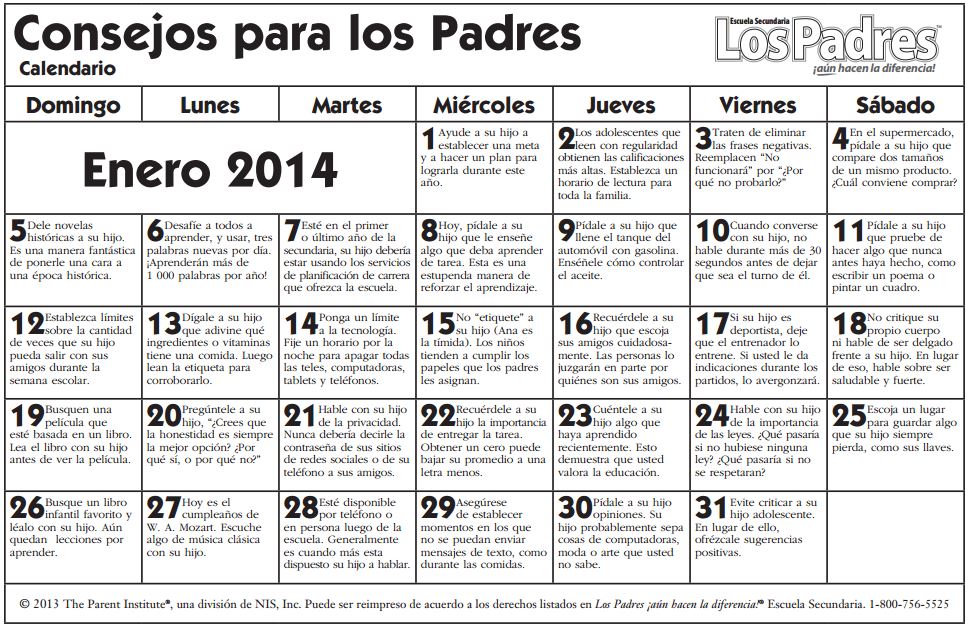 school calendar hihg enero 2014 spanish