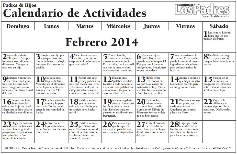 school calendar elementaryfebruary 2014 spanish