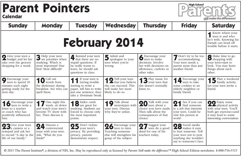 school calendar hihg febrero 2014 english