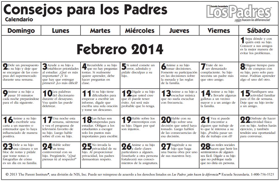 school calendar hihg febrero 2014 spanish