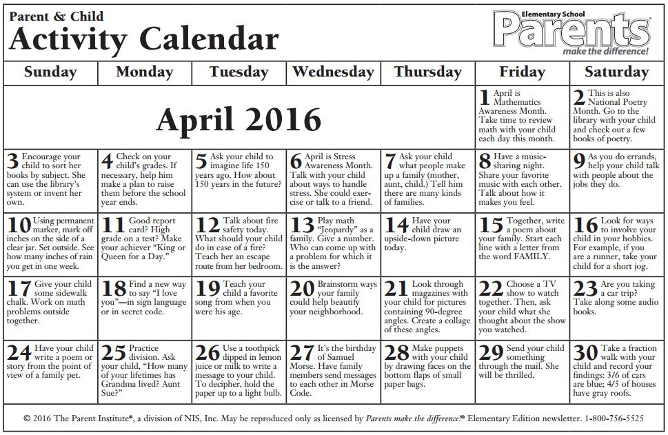 calendario elementary abril ingles