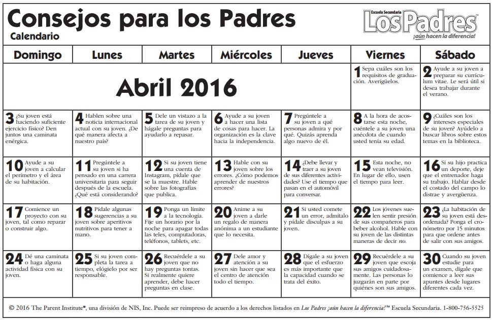 calendario high abril español