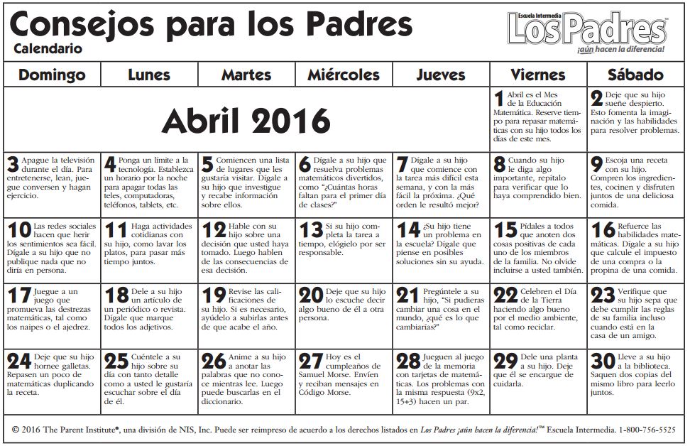 calendario middle abril español