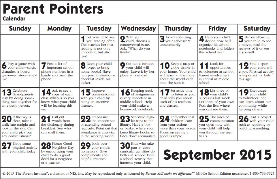 Calendario de Consejos para Padres – Parent pointers – September ...